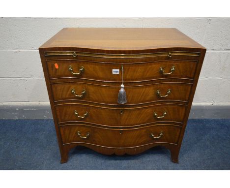 A GOOD REPRODUCTION GEORGE III STYLE MAHOGANY AND CROSSBANDED SERPENTINE BATCHELORS CHEST OF FOUR LONG GRADUATED DRAWERS, wit