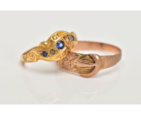 TWO EARLY 20TH CENTURY GOLD RINGS, the first designed as a curved row of two graduated circular sapphires and one replacement