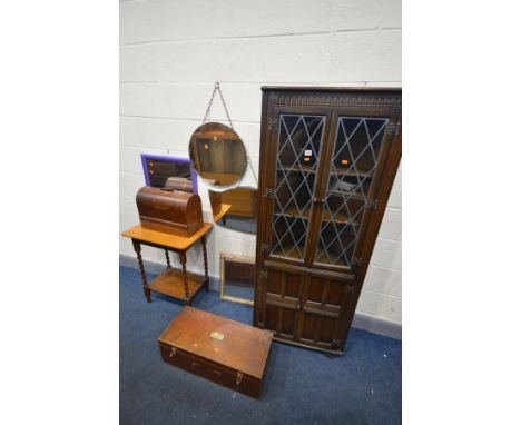 A COLLECTION OF OCCASIONAL FURNITURE, to include an oak corner cupboard, oak barley twist occasional table, Singer oak sewing