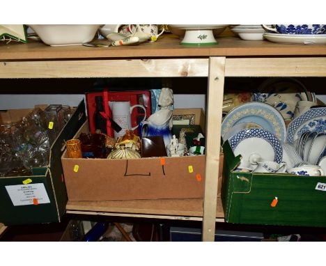 FOUR BOXES OF CERAMICS AND GLASSWARES, to include a J &amp; G Meakin Willow Ironstone part dinner service of approximately fi