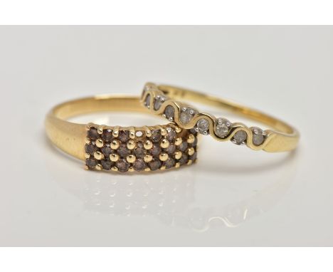 TWO 9CT GOLD DIAMOND SET RINGS, the first a half eternity ring set with a row of single cut diamonds, total estimated diamond