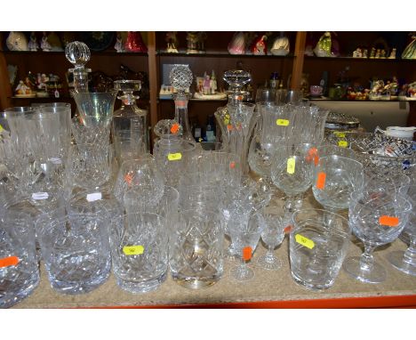 A QUANTITY OF CUT GLASS ETC, Edinburgh crystal fruit bowl, unbranded rose bowl, modern decanters, six matched whisky tumblers