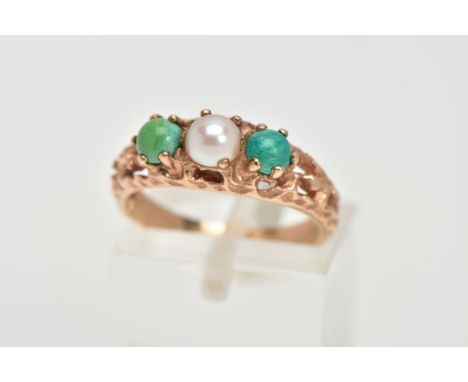 A TURQUOISE AND CULTURED PEARL RING, the textured and pierced band claw set with a central cultured pearl flanked by circular