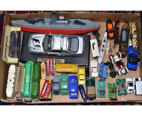 A BOX OF UNBOXED AND ASSORTED PLAYWORN DIECAST AND PLASTIC VEHICLES, to include Spot On Austin 1800, No 410, no boat or figur