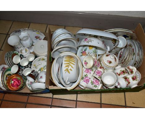 TWO BOXES OF ASSORTED CERAMICS, including Royal Worcester oven to tablewares, Maddock half timbered cottage coffee cups and s