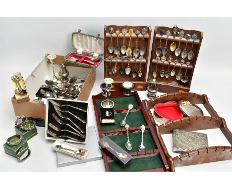 FOUR WOODEN TEASPOON DISPLAY SHELVES AND A BOX OF ASSORTED WHITE METAL WARE, collectable teaspoons some with enamel detail, t