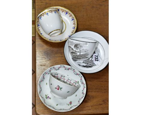 THREE LATE 18TH/EARLY 19TH CENTURY ENGLISH PORCELAIN CUPS AND SAUCERS, comprising a tea bowl and saucer decorated with garlan
