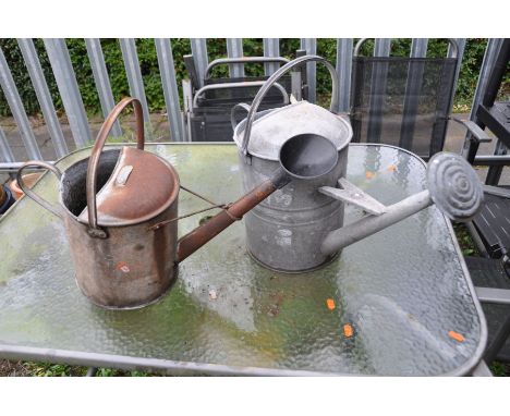 TWO VINTAGE GALVANISED WATERING CANS one with original sprinkler head (2)