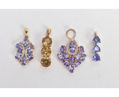 FOUR YELLOW METAL GEM SET PENDANTS, the first set with three circular cut citrines, tapered bail, hallmarked 9ct gold Birming