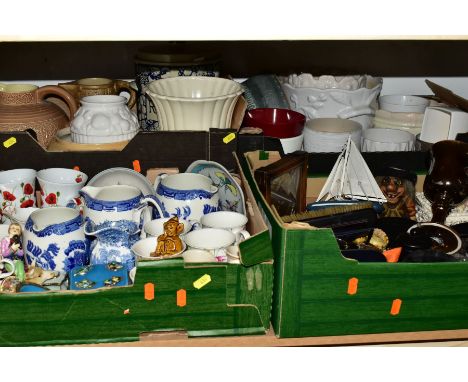 FOUR BOXES OF CERAMICS AND SUNDRY ITEMS, to include a Smiths sectric wooden clock, a vintage dressing table set (one piece ma