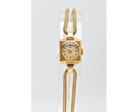 A LADY'S CYMA WRISTWATCH, the square head with circular face, dot and baton hour markers, a double snake chain bracelet strap