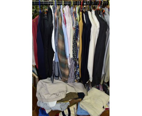 A QUANTITY OF GENTLEMENS CLOTHING to include various suits (pin stripe suit 44s, a Greitt light green suit 44R, Digel suit 44