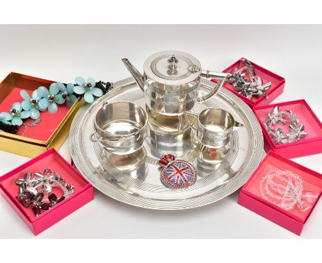 AN EP LATE VICTORIAN THREE PIECE TEA SERVICE SET WITH TRAY AND COSTUME JEWELLERY, the tea set comprising of a teapot, sugar b