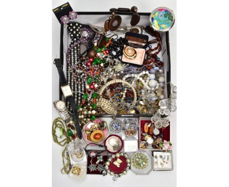 A BOX OF MOSTLY COSTUME JEWELLERY, to include various beaded necklaces, bracelets, lady’s fashion wristwatches, brooches, ear