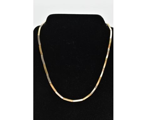 A 9CT GOLD BI-COLOUR NECKLACE, designed as yellow and white gold rectangular links, to the push piece clasp and figure of eig