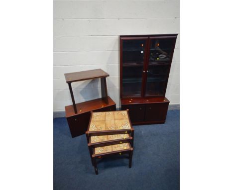 A MAHOGANY BOOKCASE, with a bevel edged double door unit top enclosing two glass shelves and another, internal lighting above