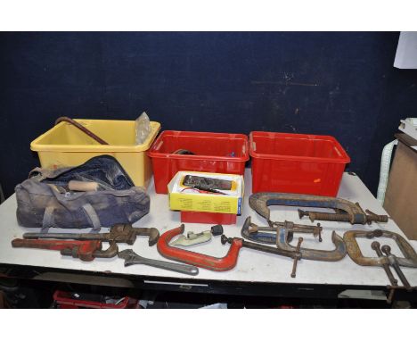 THREE TRAYS CONTAINING HANDTOOLS including two Record 120.10 G Clamps, a Record 5 G Clamp, three Paramo G Clamps, a Record 12