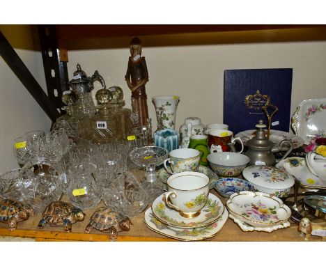 A QUANTITY OF GLASSWARE, WADE, POOLE, MINTON AND OTHER CERAMICS, ETC, including a set of three square decanters, three Wade t