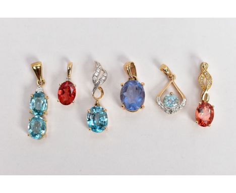 FIVE GEM SET YELLOW METAL PENDANTS, the first set with two oval cut blue topaz, fitted with a tapered bail hallmarked 9ct gol