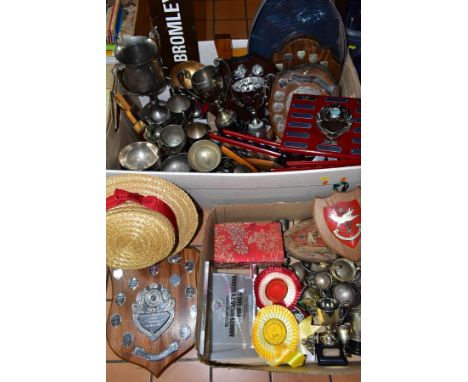 TWO BOXES OF SCHOOL TROPHIES ETC,  to include EPNS cups and wooden backed shields, tallest approximate 33cm, together with a 