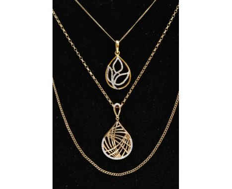TWO 9CT GOLD DIAMOND PENDANT NECKLACES AND A YELLOW METAL CHAIN, the first pendant of an openwork tear drop shape set with si
