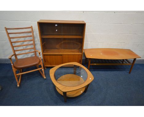 FOUR VARIOUS MID CENTURY TEAK FURNITURE, to include a glazed bookcase, width 92cm x depth 28cm x height 112cm, a surf top cof