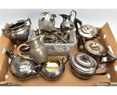 A BOX OF ASSORTED WHITE METAL WARE, to include a three piece EP tea service set comprising of a teapot, sugar bowl and a crea