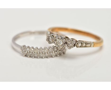 TWO DIAMOND RINGS, the first designed as a row of three graduated brilliant cut diamonds, estimated total diamond weight 0.08
