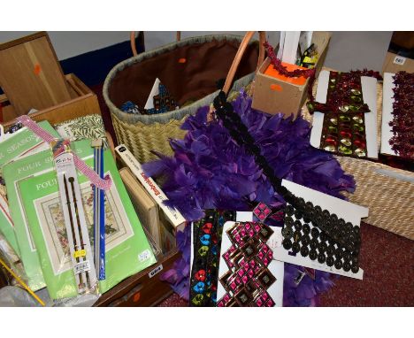FOUR BOXES/BASKETS OF CRAFTING, NEEDLEWORK AND HABERDASHERY ITEMS, including Liberty patchwork hexagons and a length of Willo
