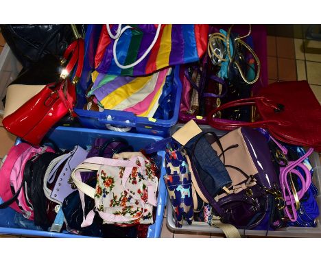 FIVE BOXES OF LADIES HANDBAGS AND HOLDALLS, mostly modern fashion brands, some with labels attached, light use for the majori