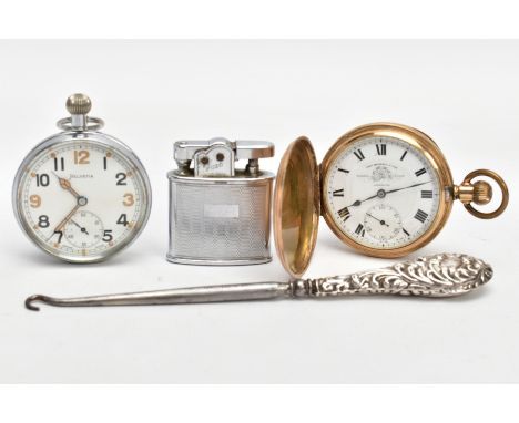 A GOLD-PLATED FULL HUNTER POCKET WATCH, A WHITE METAL OPEN FACE POCKET WATCH, LIGTHER AND A BUTTON HOOK, the first pocket wat