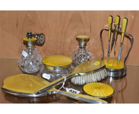 SILVER AND GUILLOCHE ENAMEL DRESSING TABLE ITEMS, comprising perfume bottles, powder pot and manicure set, date marked 1956, 