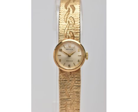 A LADIES 9CT GOLD 'ROLEX' WRISTWATCH, round champagne dial signed 'Rolex, precision', baton markers and Arabic numerals, gold