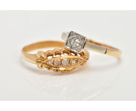 TWO EARLY 20TH CENTURY 18CT GOLD DIAMOND RINGS, the first a single stone ring, the old cut diamond within a square setting, e