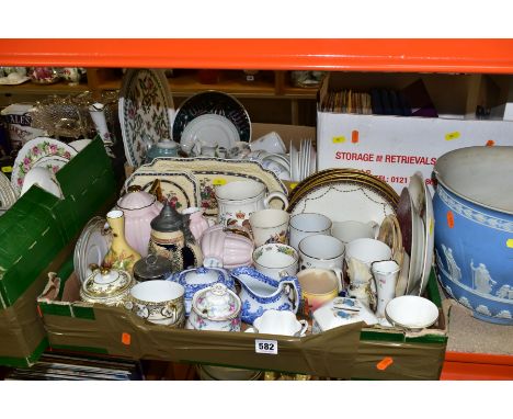 FIVE BOXES OF CERAMICS AND GLASS ETC, to include tea wares by Colclough, Royal Ascot, Tuscan, Royal Doulton 'Coniston' (secon