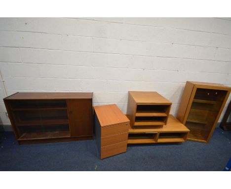 A QUANTITY OF TEAK FURNITURE comprising a teak display case, with four glass shelves and internal lighting, width 56cm x dept