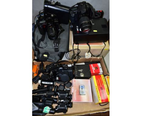 A BOX AND BAG CONTAINING CAMERAS AND EQUIPMENT including a Canon EOS 10D digital SLR camera with charger, two batteries and m