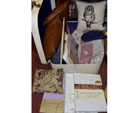 A BOX AND VINTAGE SUITCASE FILLED WITH CUSHIONS, BEDDING AND OTHER SOFT FURNISHINGS, to include two Marks and Spencer lilac s