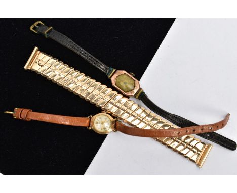 A 9CT GOLD LADIES WRISTWATCH, A LADIES GOLD-PLATED WRISTWATCH AND A ROLLED GOLD FLEXI LINK BRACELET, the first with a hand wo