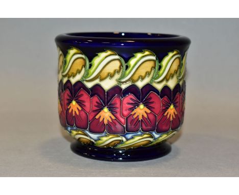 A MOORCROFT POTTERY TRIAL SMALL SIZE PLANTER BY KERRY GOODWIN, tube line decorated with pansies or violets, signed in gilt to