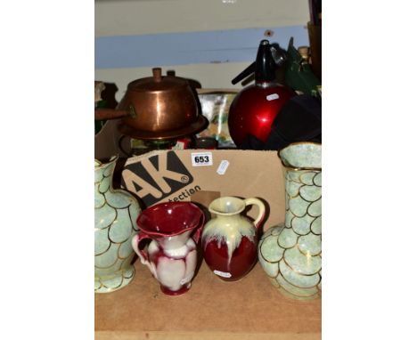 A BOX AND LOOSE CERAMICS, METALWARES, OPTICAL EQUIPMENT, ETC, to include two Oldcourt Ware jugs with gold scale like pattern 