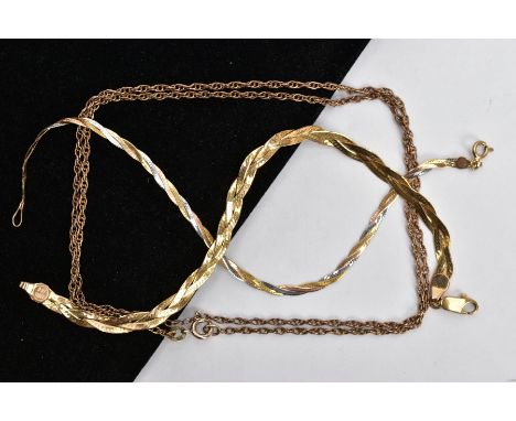 TWO 9CT GOLD PLAIT BRACELETS AND A CURB LINK CHAIN, the first plait bracelet fitted with a lobster claw clasp, hallmarked 9ct