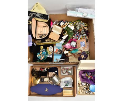 A BOX OF MOSTLY COSTUME JEWELLERY, to include a small black jewellery box with contents, various pieces of costume jewellery 