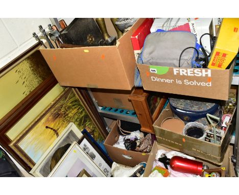 SEVEN BOXES AND LOOSE METALWARES, SCARVES, TEXTILES, COLLECTORS DOLLS, PICTURES, etc including a metal letter box with key, a