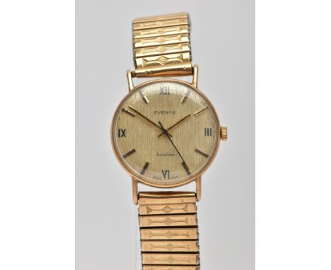 A GENTLEMEN'S 9CT GOLD ‘EVERITE’ WRISTWATCH, hand wound movement, round gold textured dial signed ‘Everite Incabloc’, Roman t