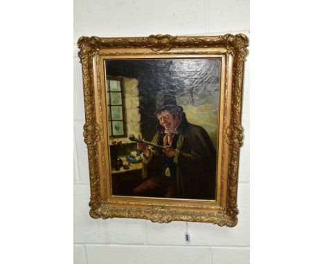 A 19TH CENTURY SEATED PORTRAIT OF AN OLDER MALE, he is whittling a walking stick by the light of a cottage window, his supper