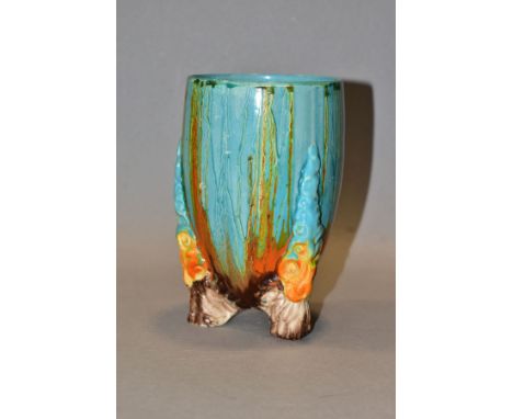 A CLARICE CLIFFE FOR WILKINSON LTD BIZARRE RANGE VASE MOULDED IN THE MY GARDEN PATTERN, decorated with streaked turquoise, or