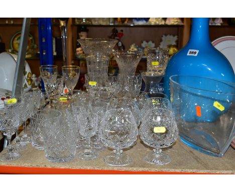 A QUANTITY OF CUT GLASS ETC, to include incomplete sets of brandy, wine and port glasses etc, boxed Stuart Crystal golf whisk