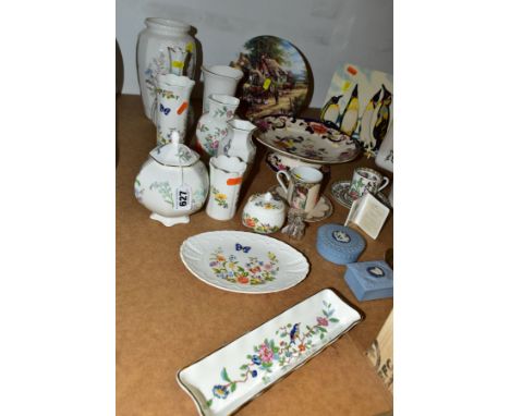 A GROUP OF CERAMIC GIFTWARE ETC, to include Aynsley Pembroke, Cottage Garden, Rennie Mackintosh, and Wild Tudor vases, pin tr