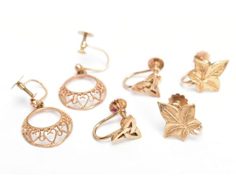 THREE PAIRS OF YELLOW METAL EARRINGS, the first pair suspending circular openwork heart detailed drops, screw back non-pierce